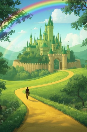 A person is walking out of a dark wood toward a city in the background. The road is yellow. There is a double rainbow in the distance.